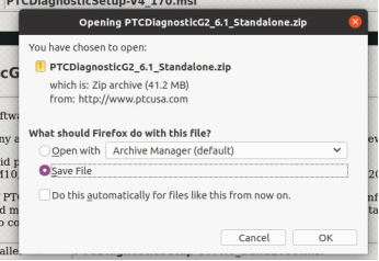 Firefox save dialog for the PTCDiagnosticG2 Linux portable zip