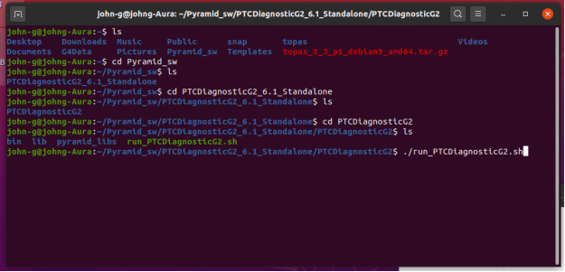 Terminal navigating to the install folder and launching run_PTCDiagnosticG2.sh