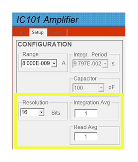 IC101 Setup tab showing Resolution, Integration Avg, and Read Avg