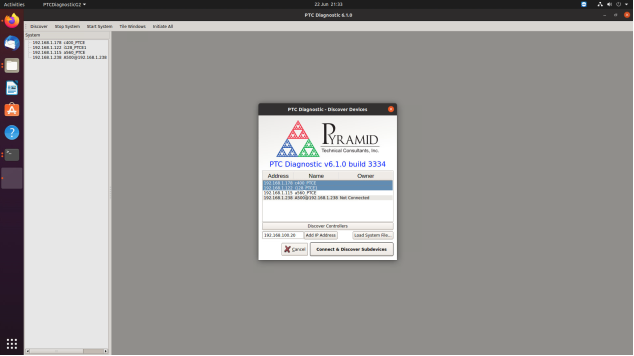 PTC Diagnostic Discover Devices dialog with Discover Controllers